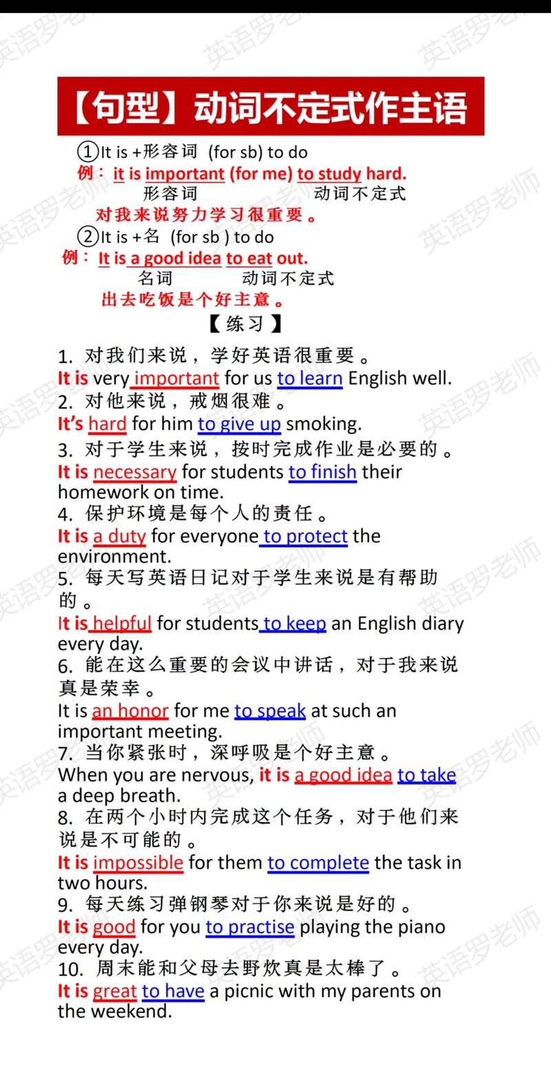 英语中不定式作主语的用法及形式主语解析，附题目列表