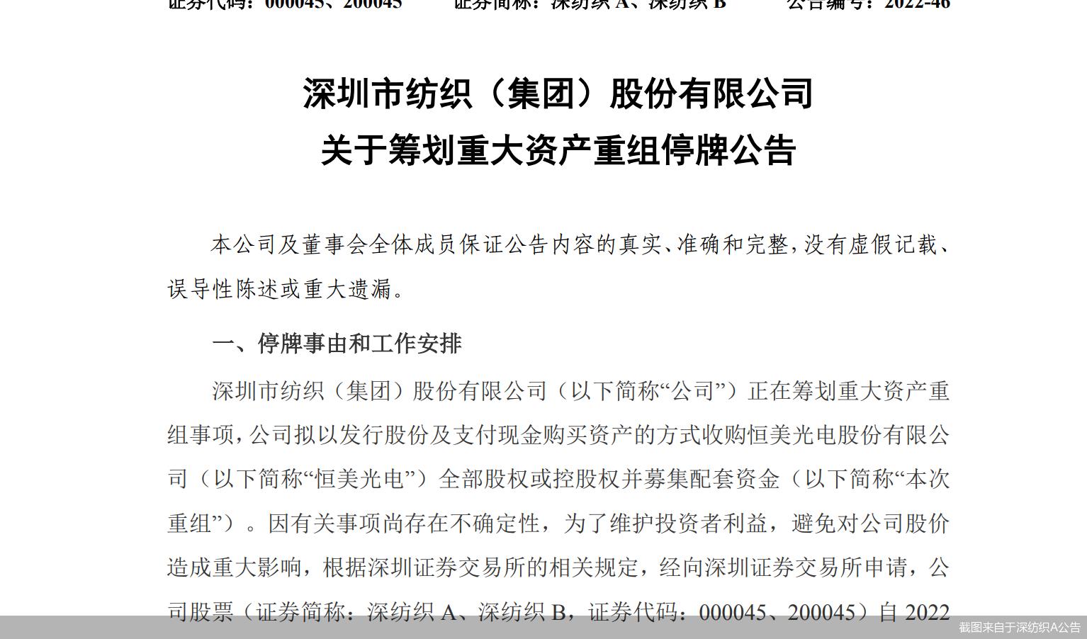深纺织A收购恒美光电_深纺织a股票停牌_恒美光电重组计划