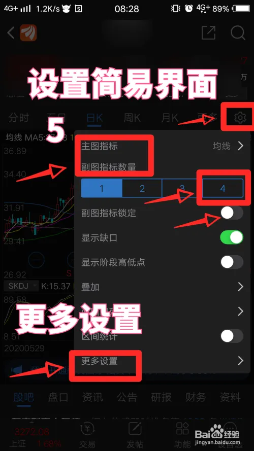 东方财富手机版如何设置K线和分时主图、副图