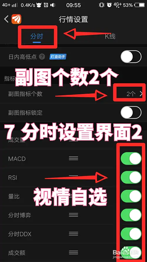 东方财富手机版如何设置K线和分时主图、副图