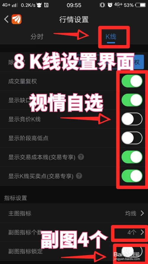 东方财富手机版如何设置K线和分时主图、副图