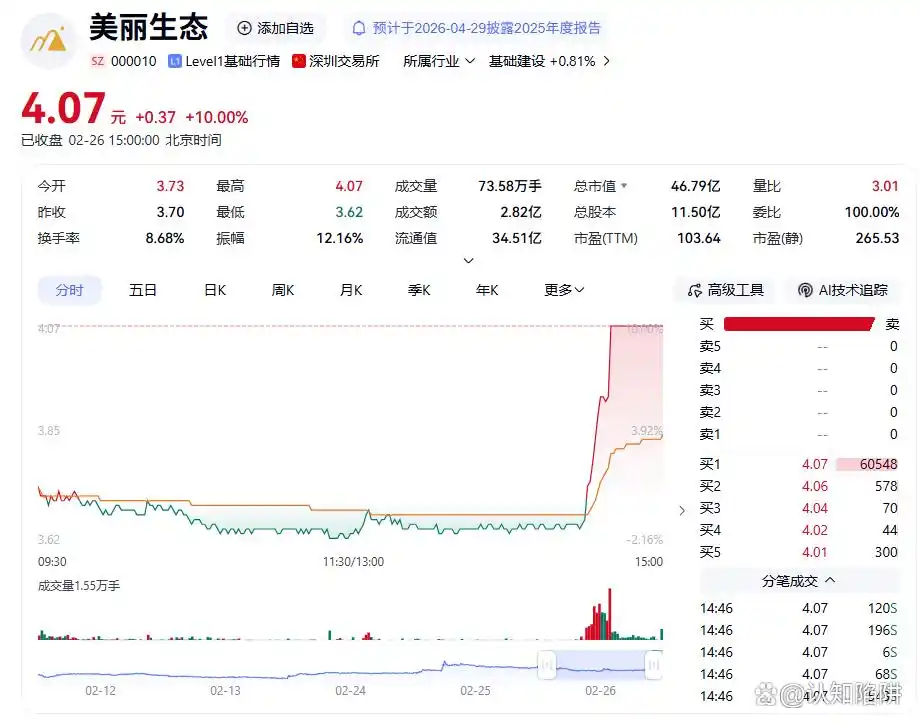 美丽生态百亿订单_尾盘涨停机构资金流入_尾盘集合竞价大单成交
